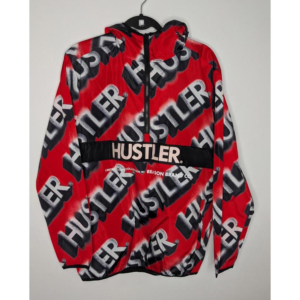 Reason Jacket Mens Large Red Hustler Logo Hooded 1/4 Zip Windbreaker Pullover